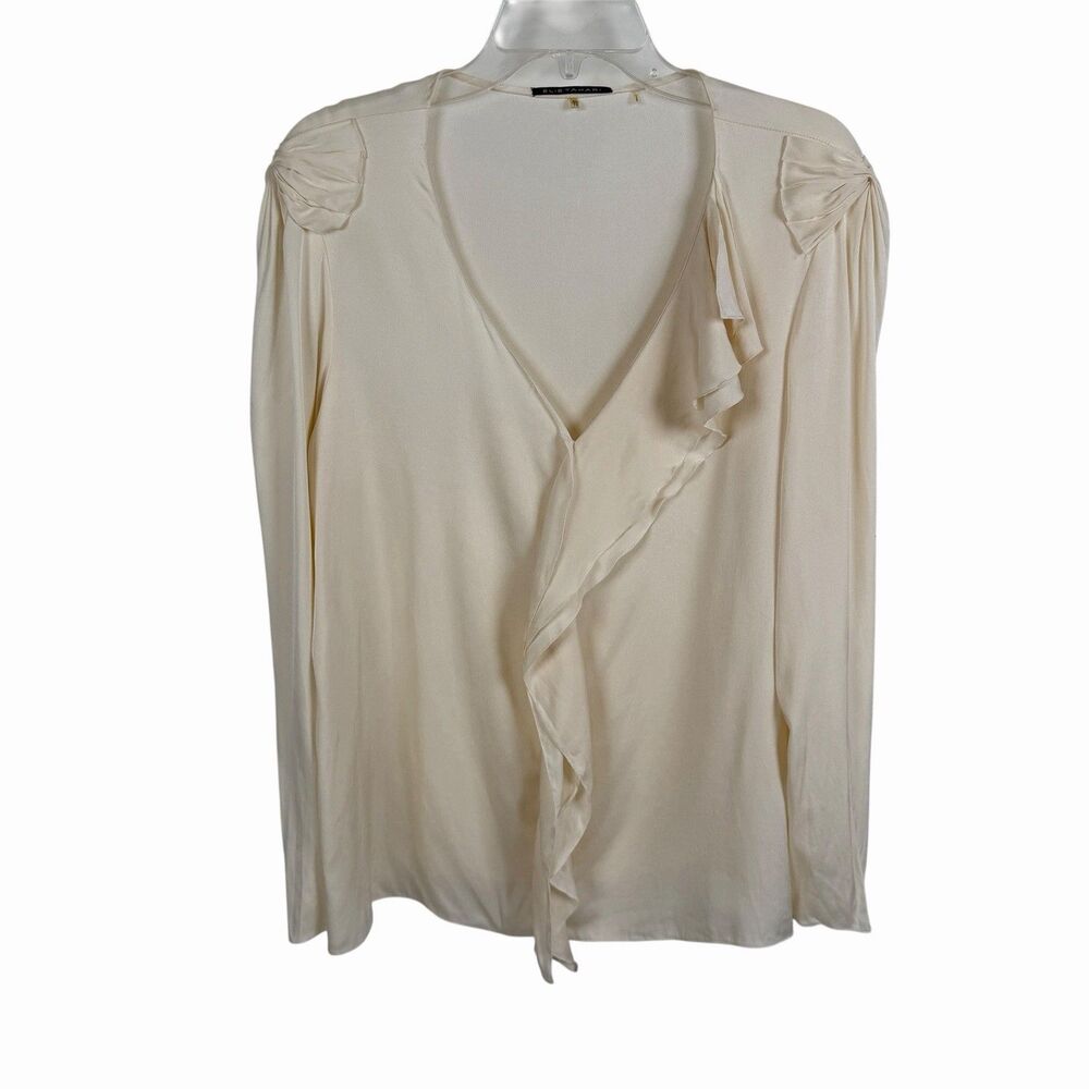 Elie Tahari Silk Victorian Blouse XL Cream Satin Edwardian Romantic Ruffles Flaw